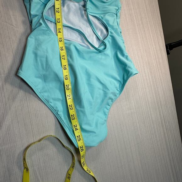 Cupshe Swimsuit Womens Small Aqua Blue Ruffle Wide Strap Tie Closure One Piece - Picture 7 of 10